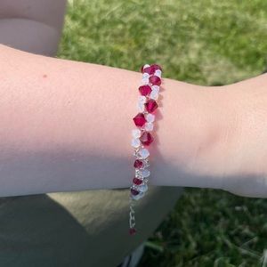 Red and white hand beaded Swarovski crystal bracelet